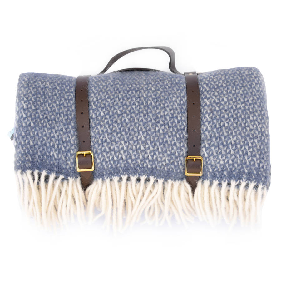 blue windmill wool picnic blanket with leather straps by atlantic