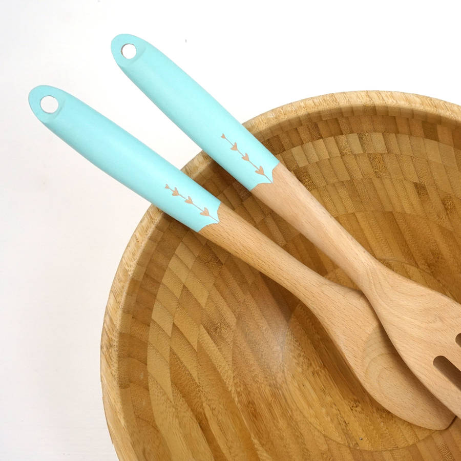 hand painted wooden salad servers by cathy hilton artisan