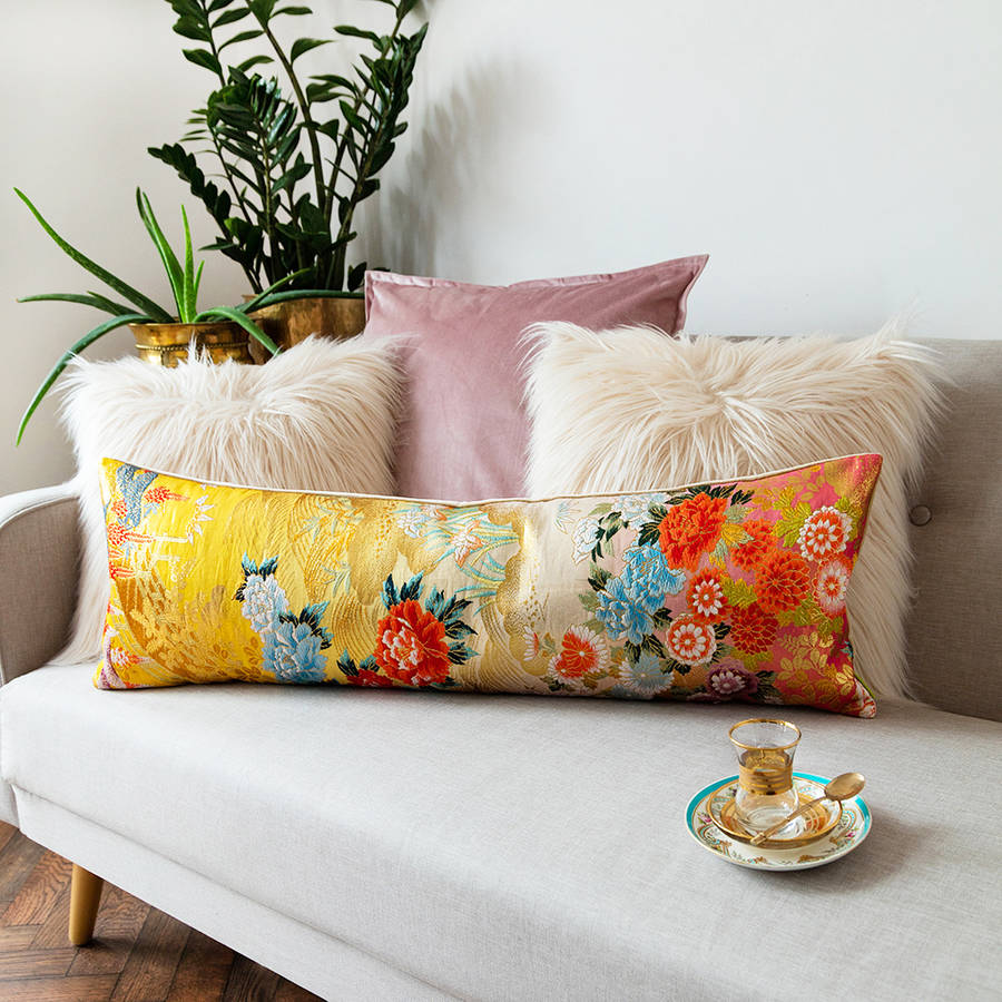 long bolster cushion floral embroidery peony flower by hunted and