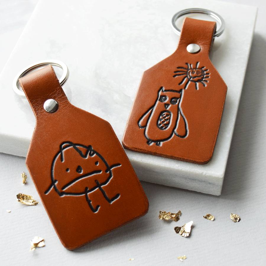 personalised leather child's drawing key ring by hold upon heart