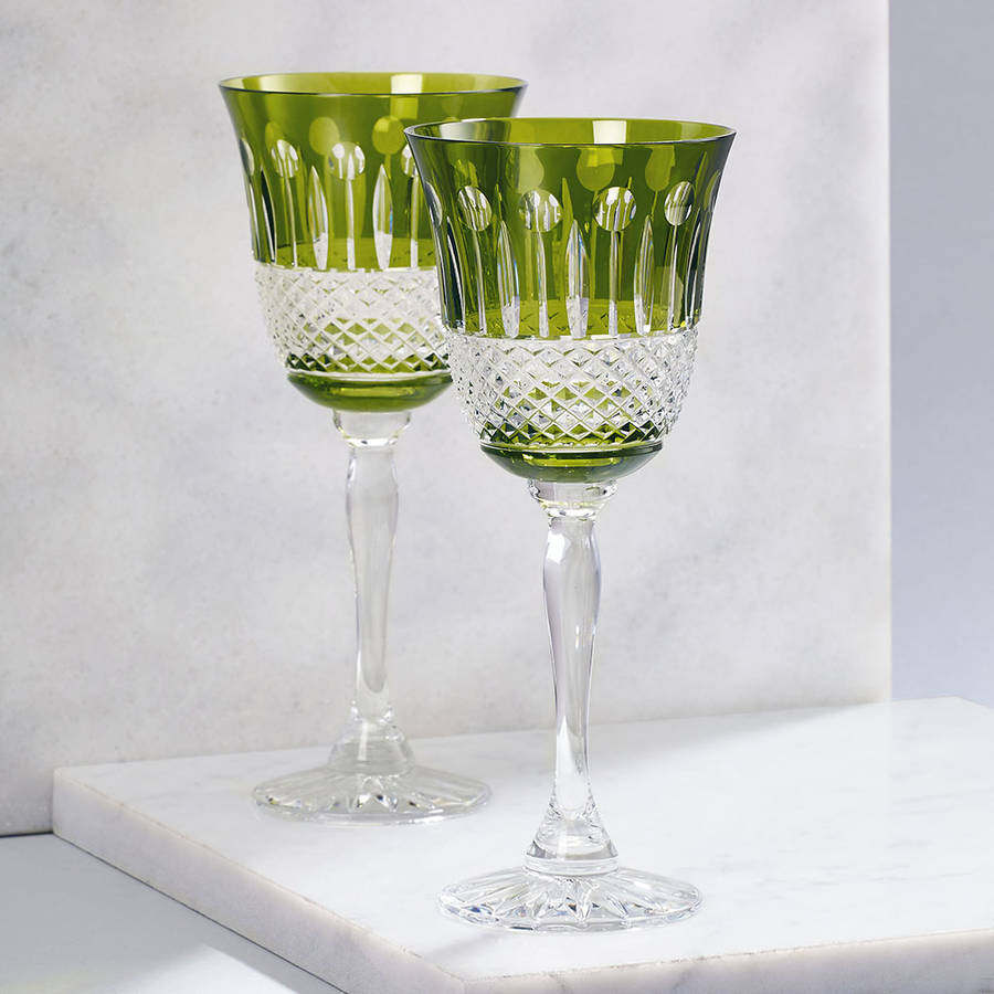 set of two rainbow olive green wine glasses by gurasu fine crystal