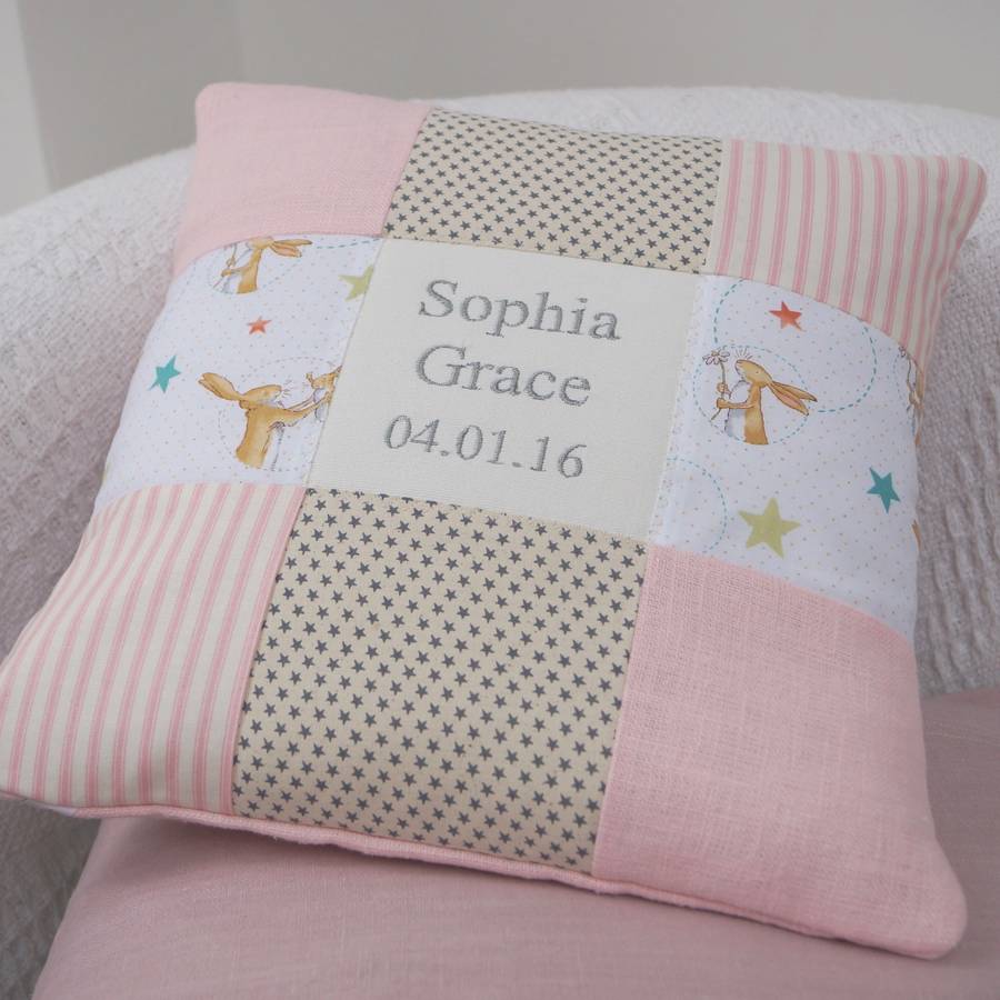 Personalised Pink And Grey Bunny Name Cushion By Tuppenny House Designs