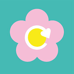 Aimee Maxelon Art logo of a pink flower against a turquoise background with a yellow centre and a white recycled arrow around it with a heart shaped tip.