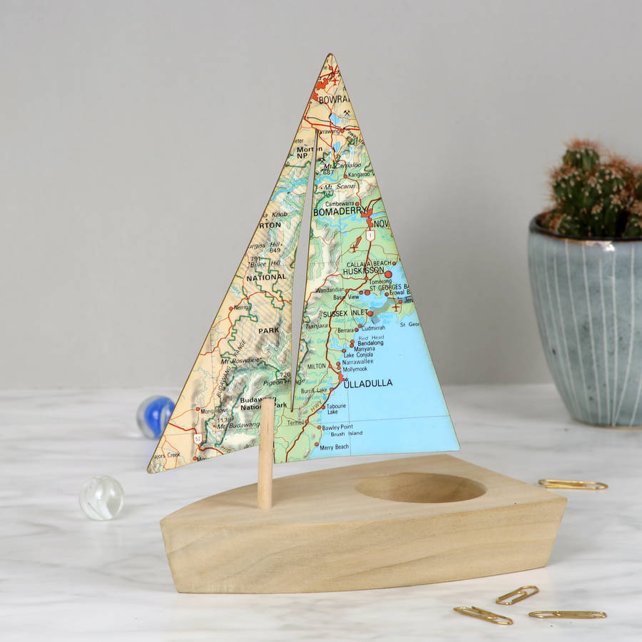 personalised map sailing boat ornament gift for him by bombus