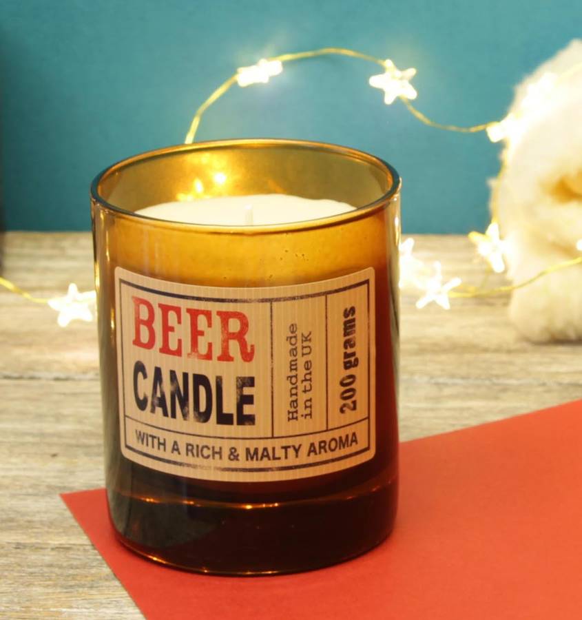 beer scented candle in brown glass by hearth & heritage ltd