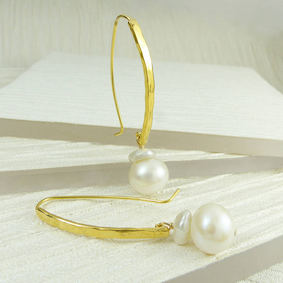 white pearl vermeil long fish hook earrings by mounir london