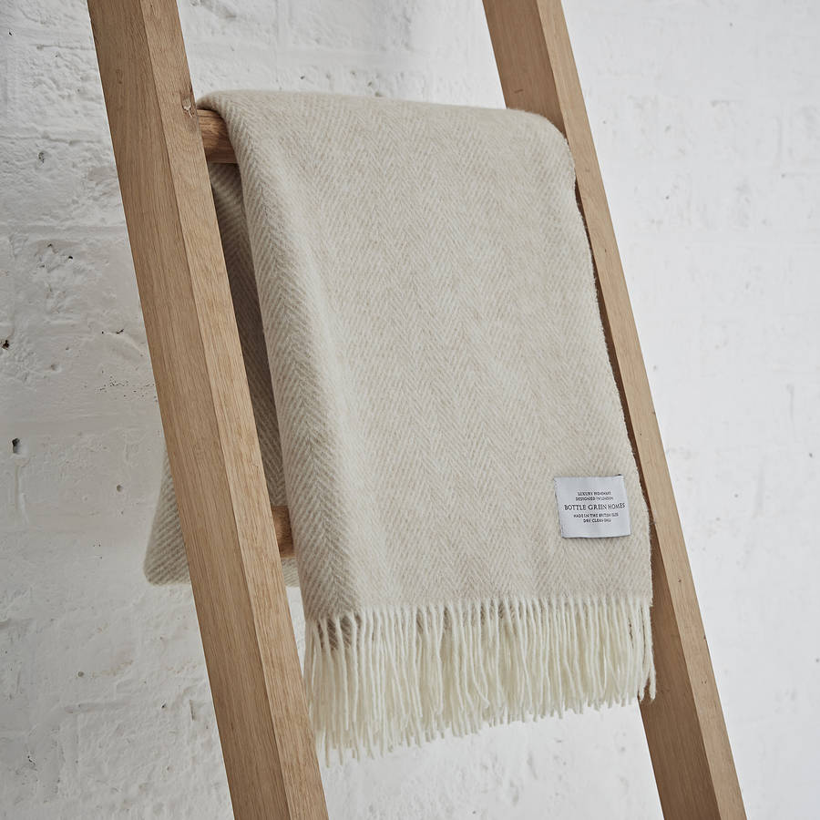 beige merino lambswool herringbone throw by bottle green homes