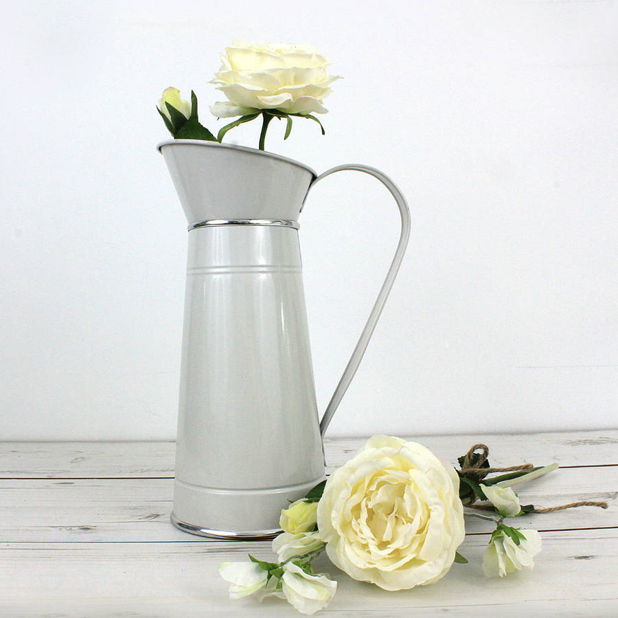 farmhouse white metal pitcher by the flower studio