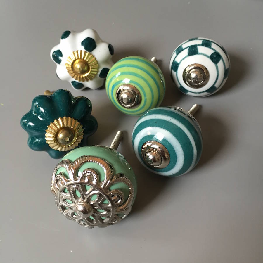 set of assorted green drawer knobs by french grey interiors