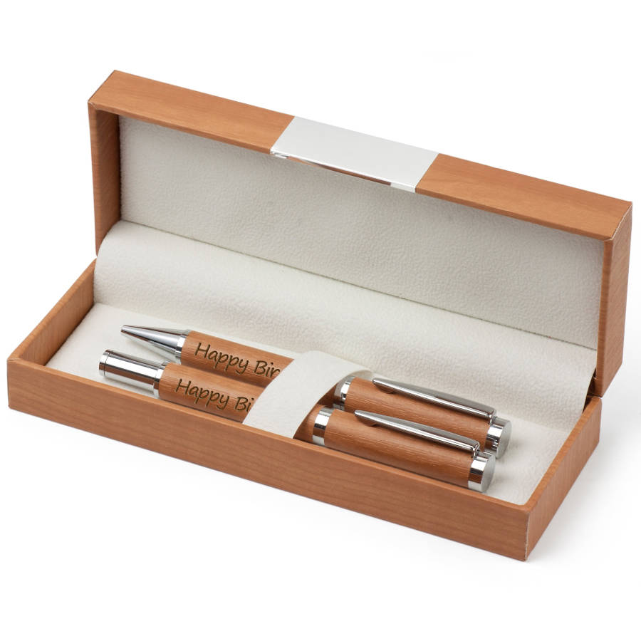 engraved wooden pens in personalised presentation box by