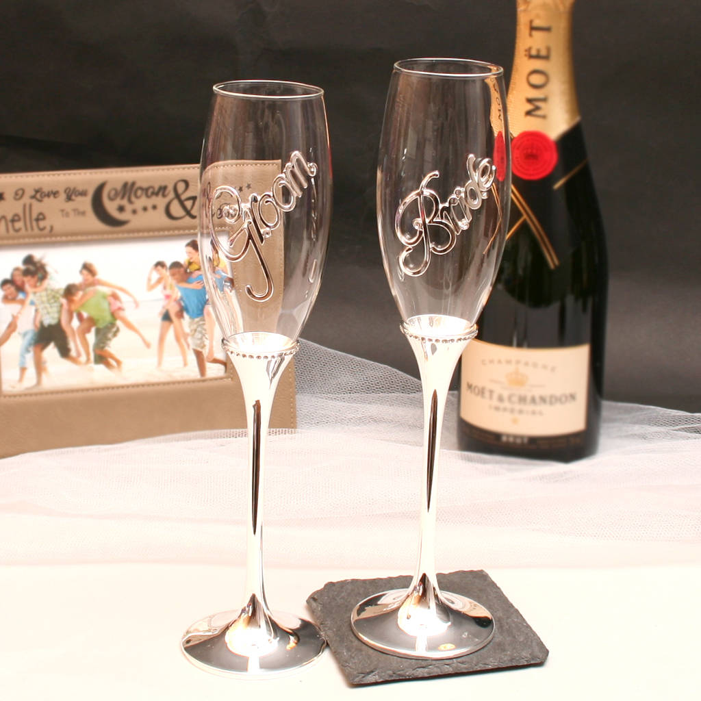 personalised bride and groom champagne flutes by