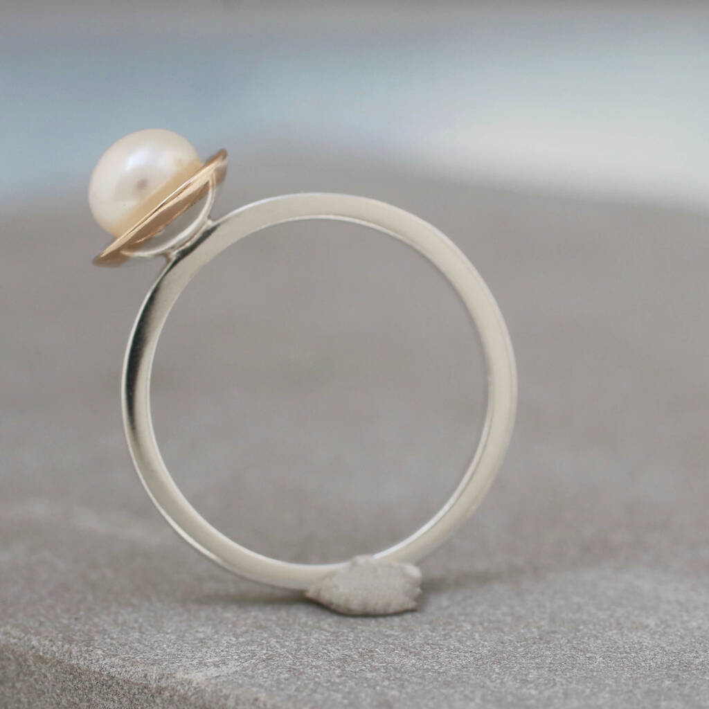 Silver And Ct Gold Pearl Ring Dainty Stacking Ring By Louy Magroos