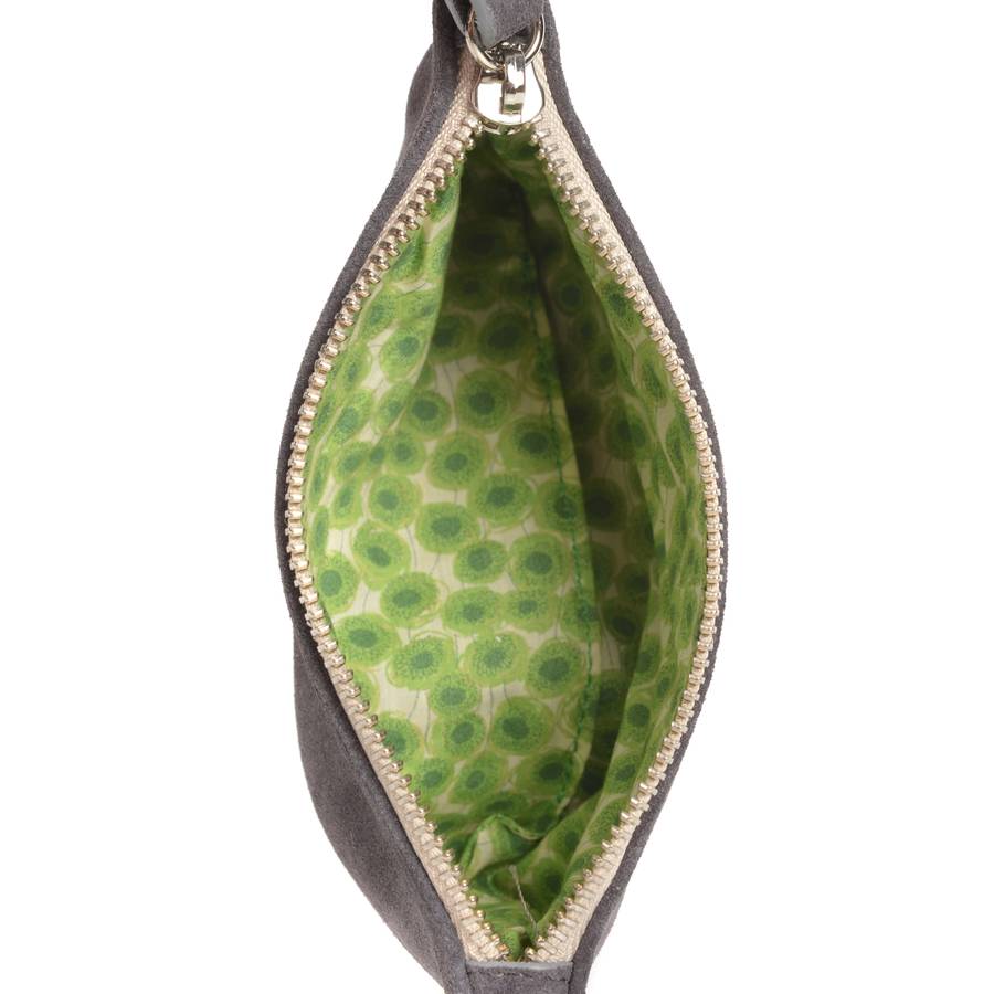 suede wristlet purse with liberty print fabric lining by pepper alley