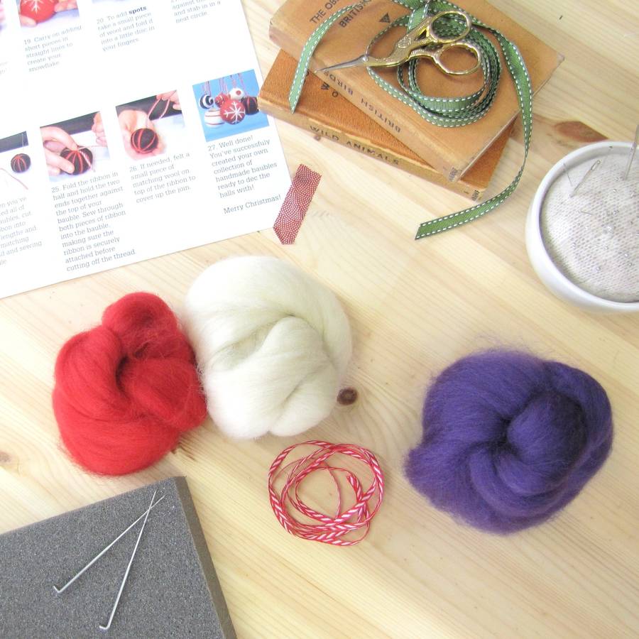 christmas baubles needle felting kit red and purple by hawthorn