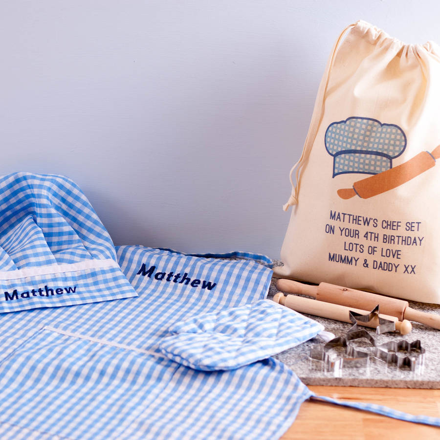 personalised childrens chef outfit with gift bag by british and bespoke