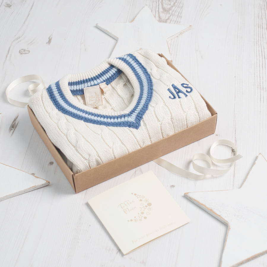 baby boy personalised cricket jumper by toffee moon