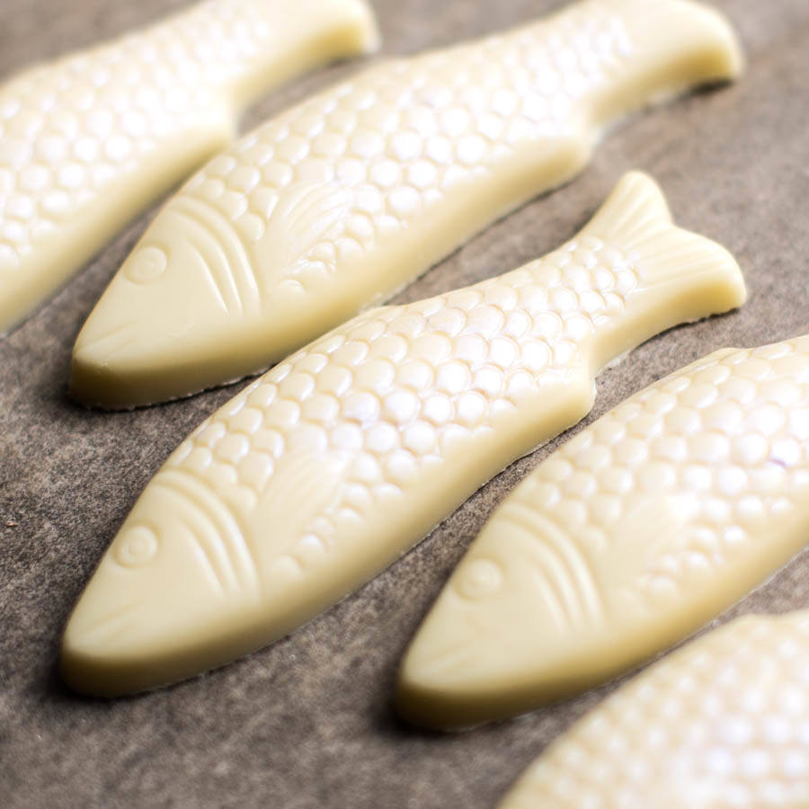 organic white chocolate fish by ms cocoa
