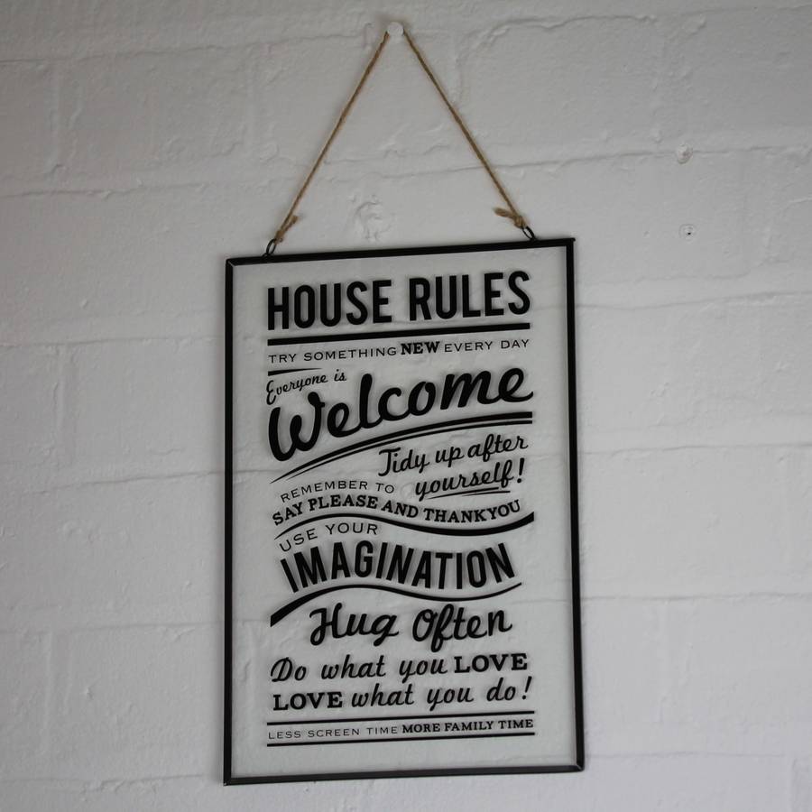 'house rules' hanging glass sign by nest
