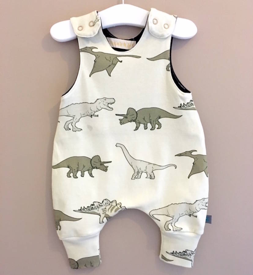 dinosaur romper, dinosaur dungarees, baby romper by maebelle & bo