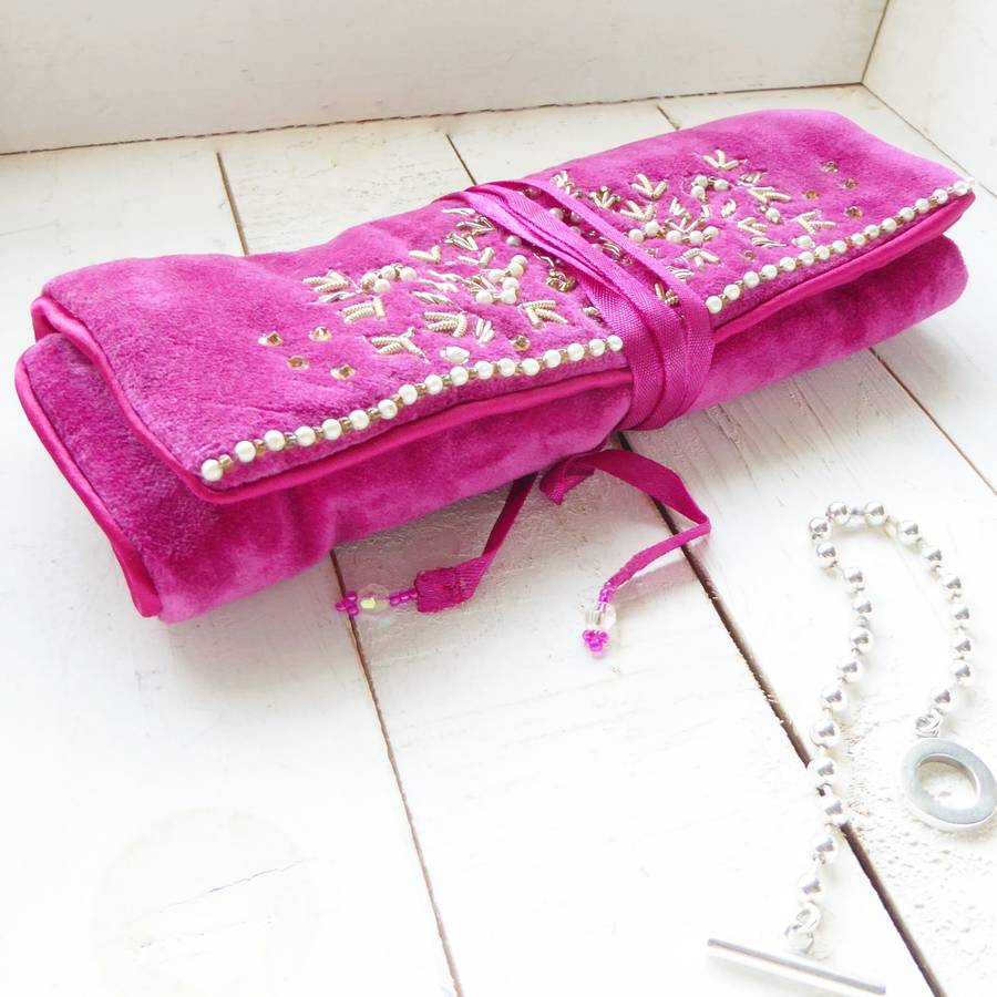 beaded velvet jewellery roll by plum & ivory