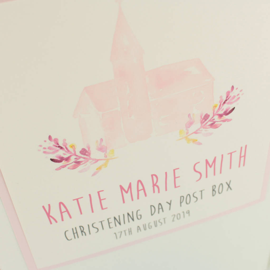 personalised watercolour church christening post box by dreams to