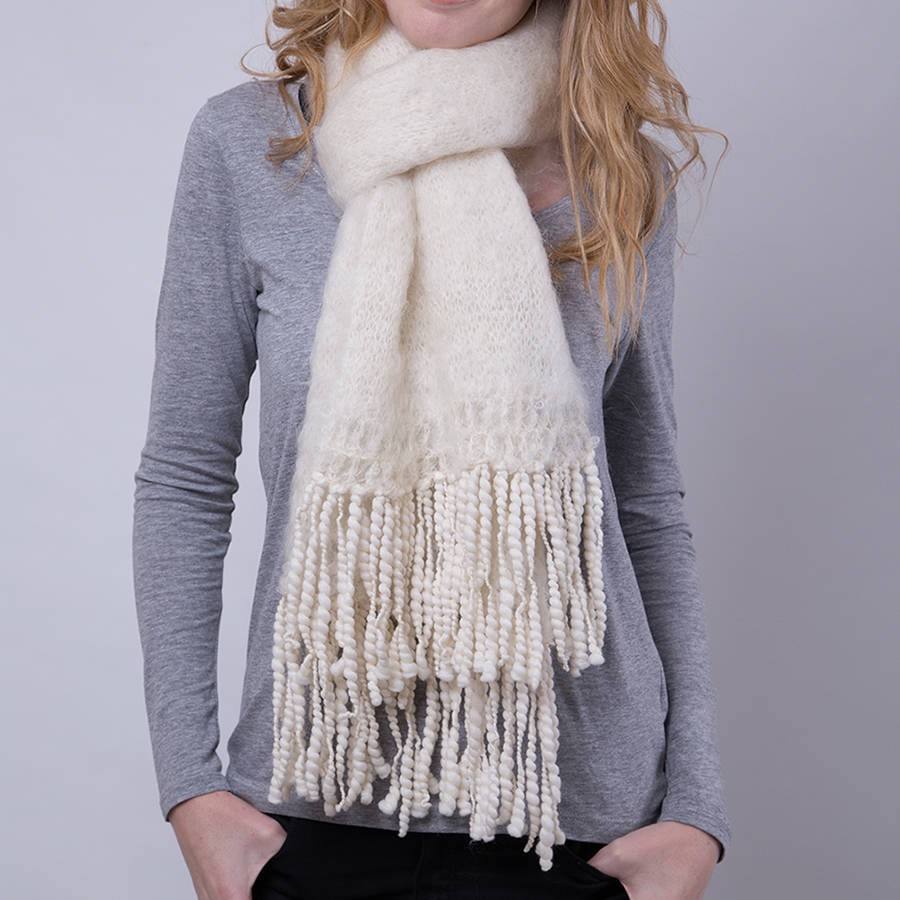 fluffy scarf with slubby wool tassels by archer and maiden