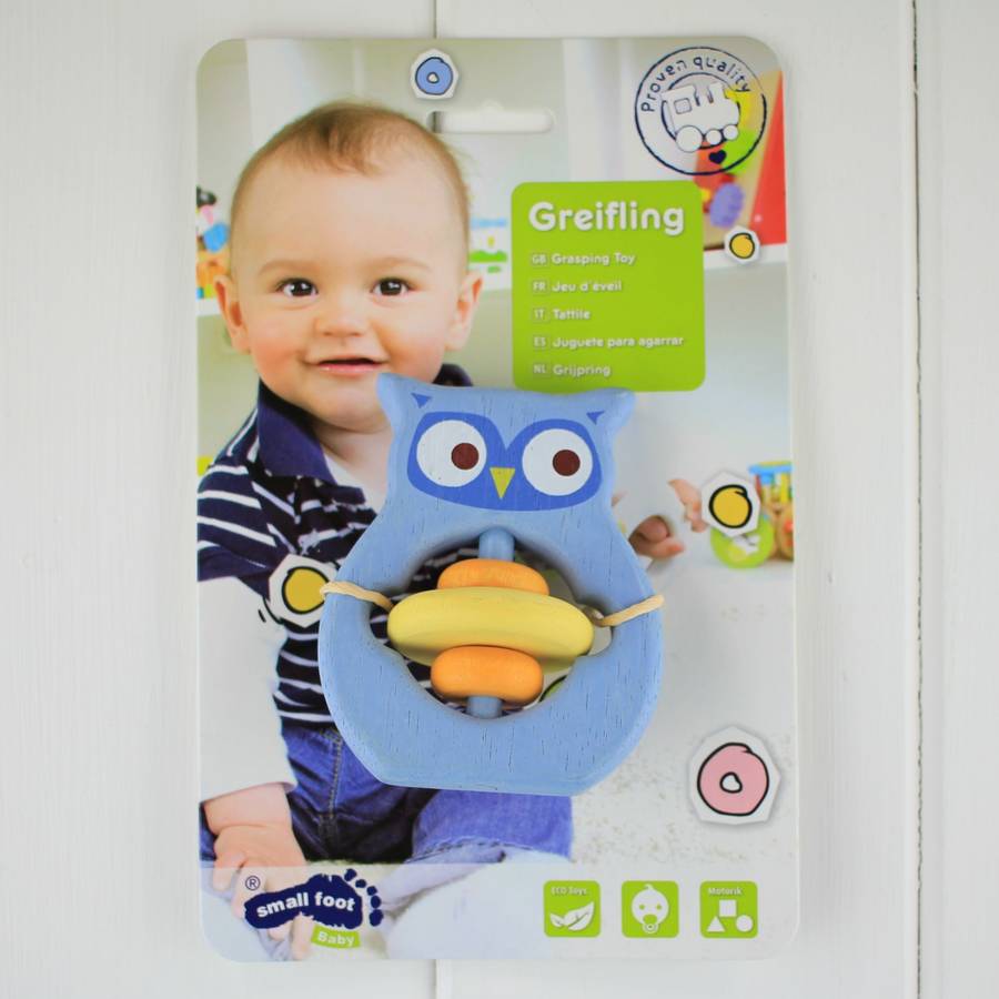 wooden baby grabbing toy owl by nest