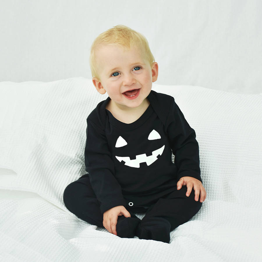 'pumpkin face' halloween baby romper sleepsuit by ellie ellie