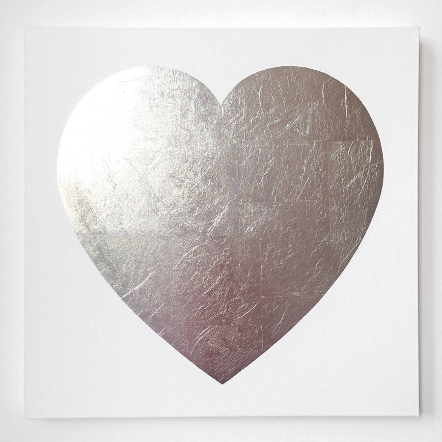 Silver Metallic Leaf Heart On Canvas By Centred Heart