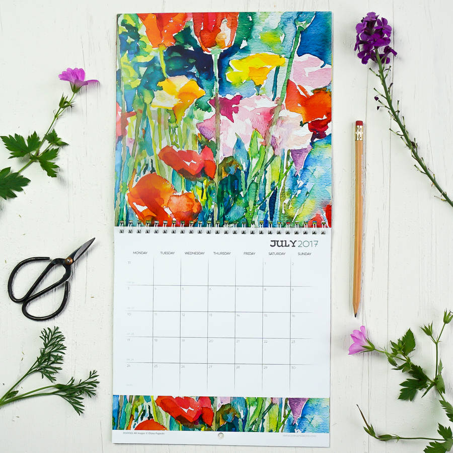 2017 watercolour flowers wall calendar by diana fegredo studio