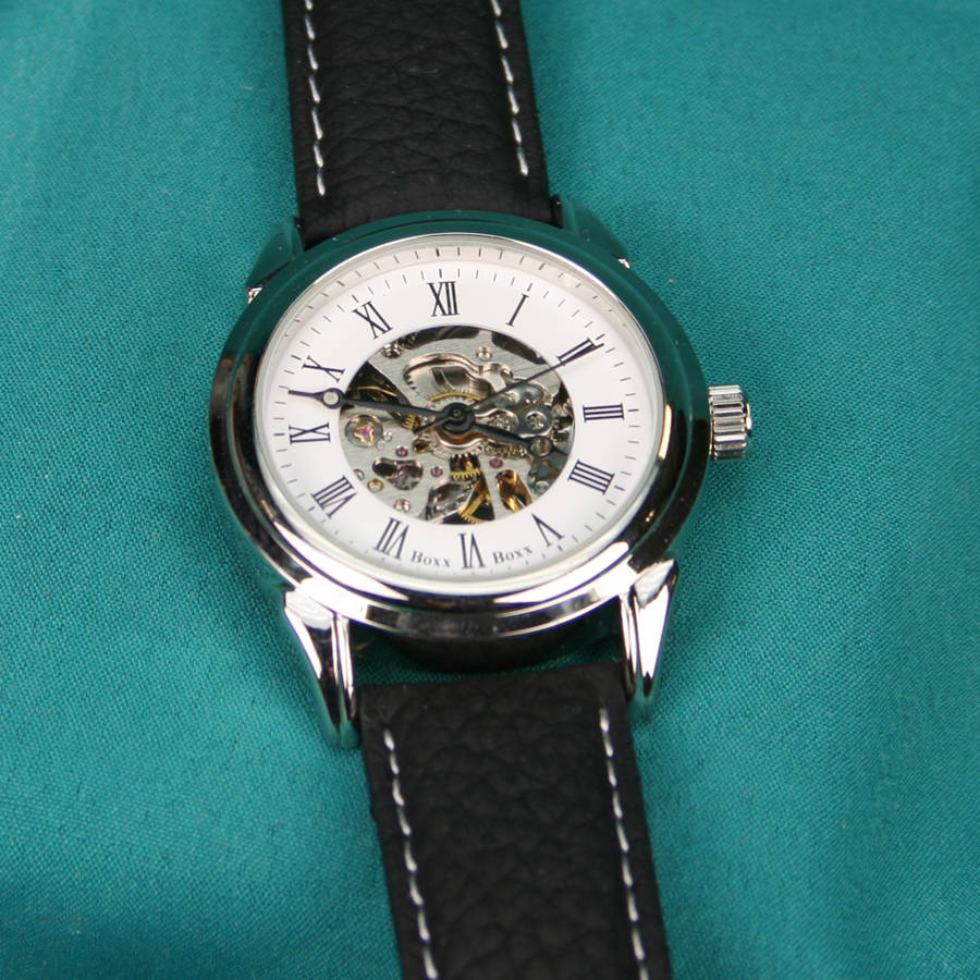 engraved mechanical skeleton wrist watch by