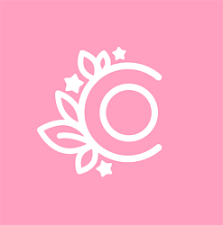 a pink background with a simple vector line drawing of coconutacha's logo. this is a large letter C with a circle in the middle, resembling a coconut.