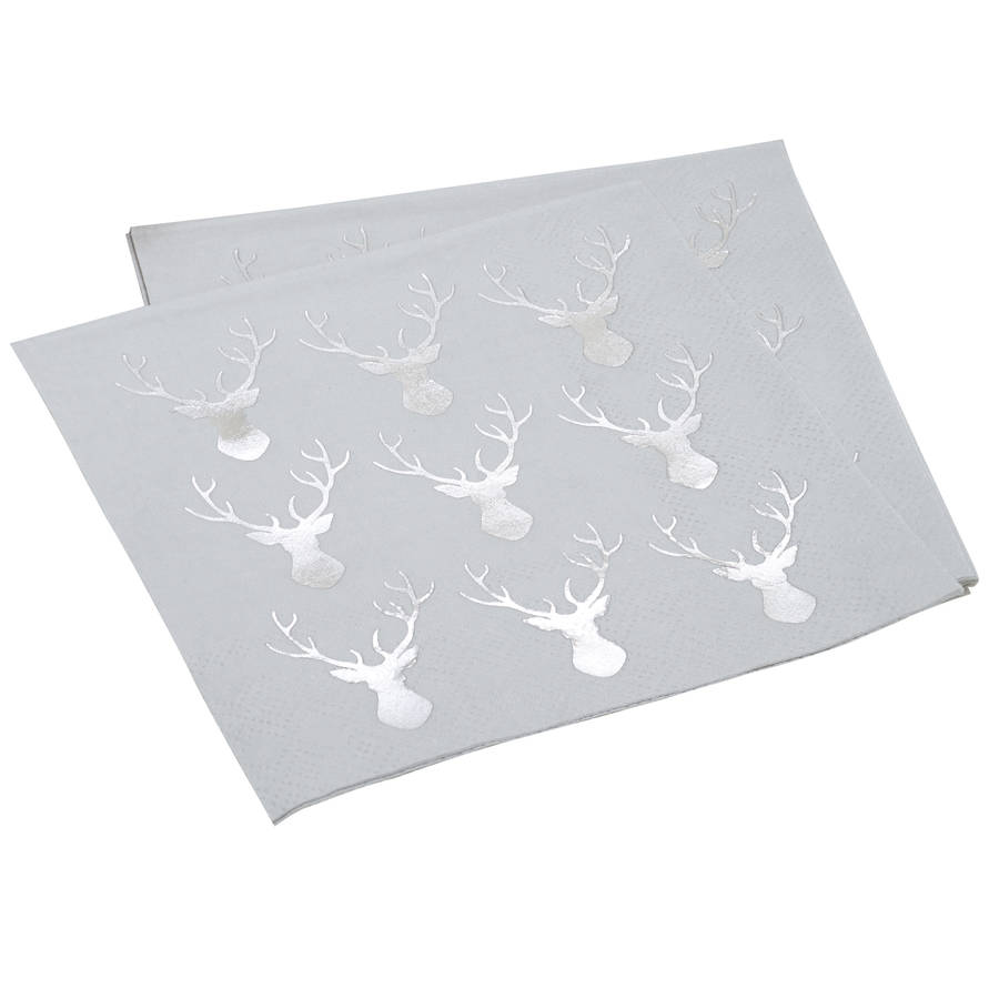 mini grey silver foiled stag christmas paper napkins by ginger ray