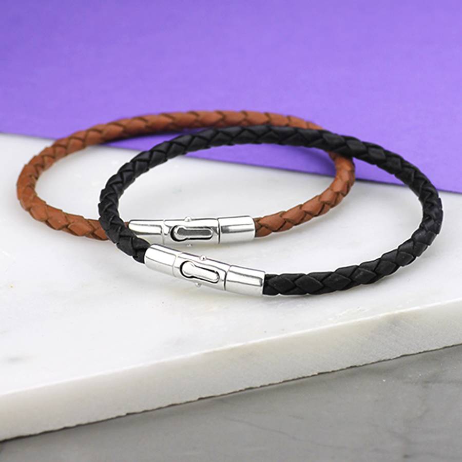 slim leather bracelet with solid silver clasp by hersey silversmiths