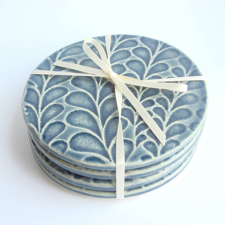 Set Of 4 Handmade Ceramic Coasters Millefleurs Light Blue