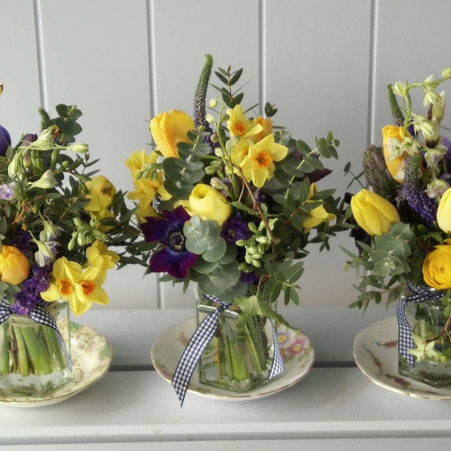 trio of 'country waft' jam jar posies by the artisan dried flower