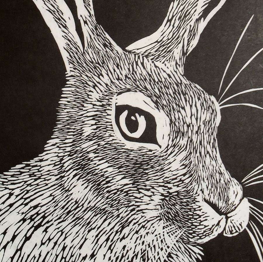 handprinted linocut hare by cetus