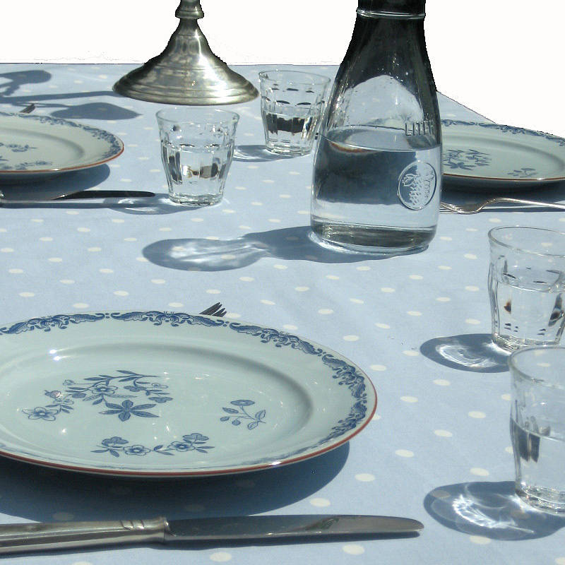 powder blue polka dot table cloth by just a joy