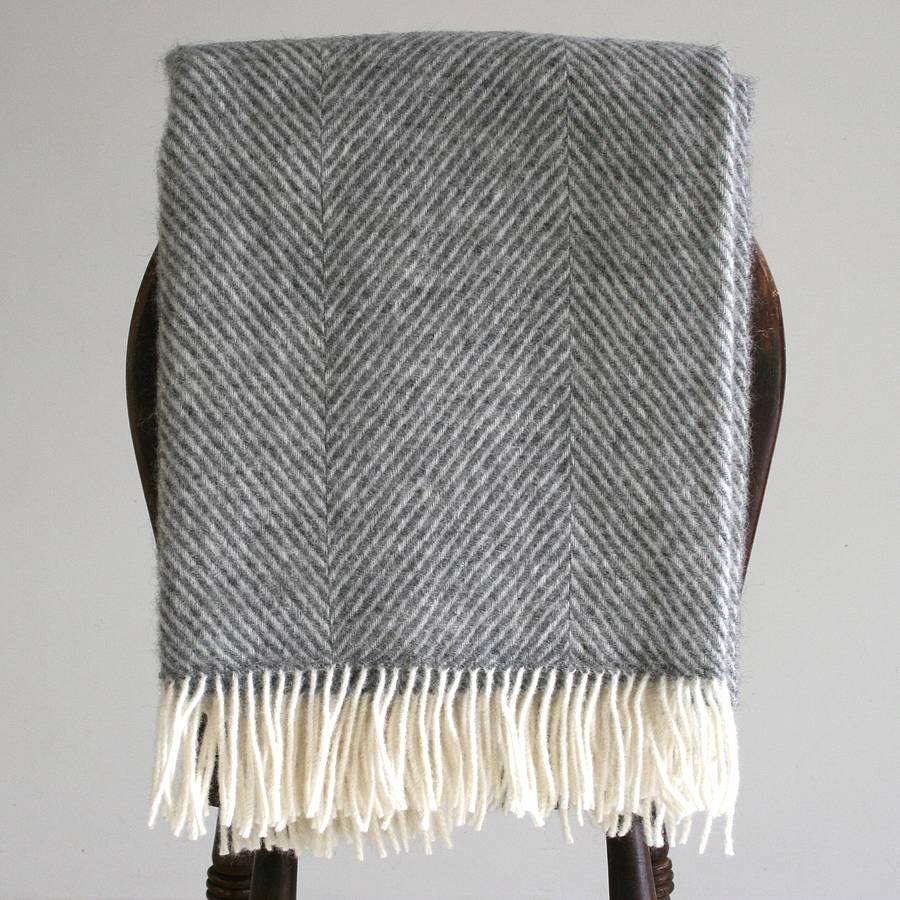grey herringbone wool throw by pebble & chalk