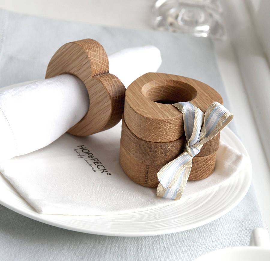 four wooden heart napkin rings solid oak by hop & peck