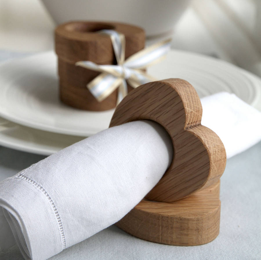 four wooden heart napkin rings solid oak by hop & peck