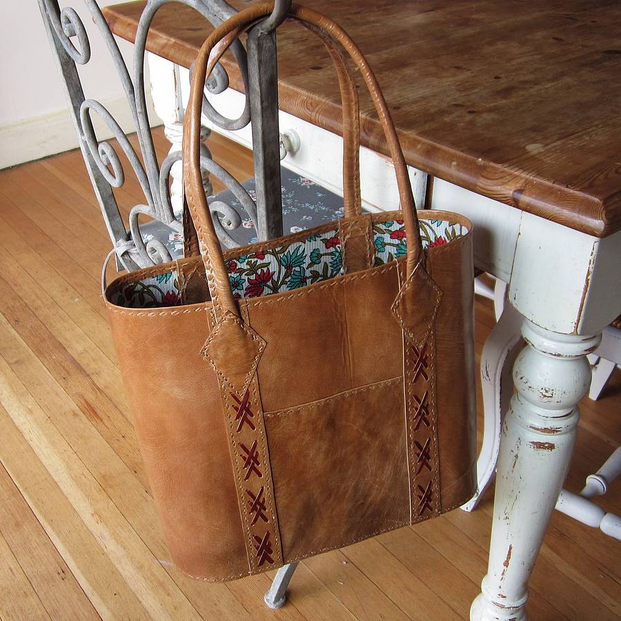 fair trade leather shopping bag by the fairground