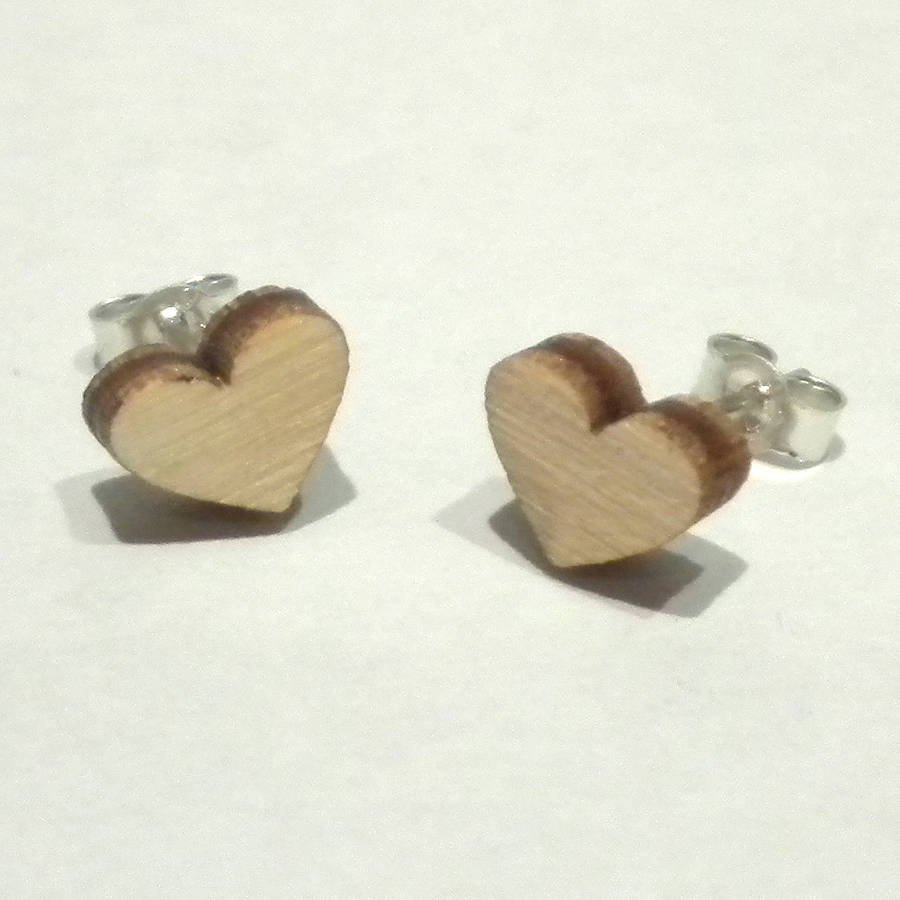 wood heart stud earrings by kate wimbush jewellery