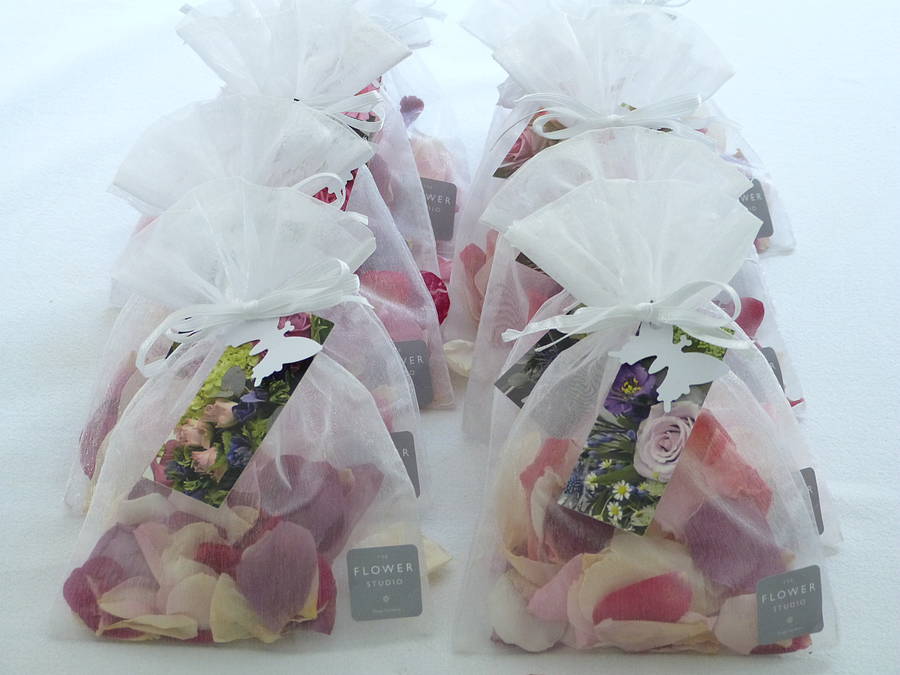 ten hand made garden rose petal confetti bags by the flower studio