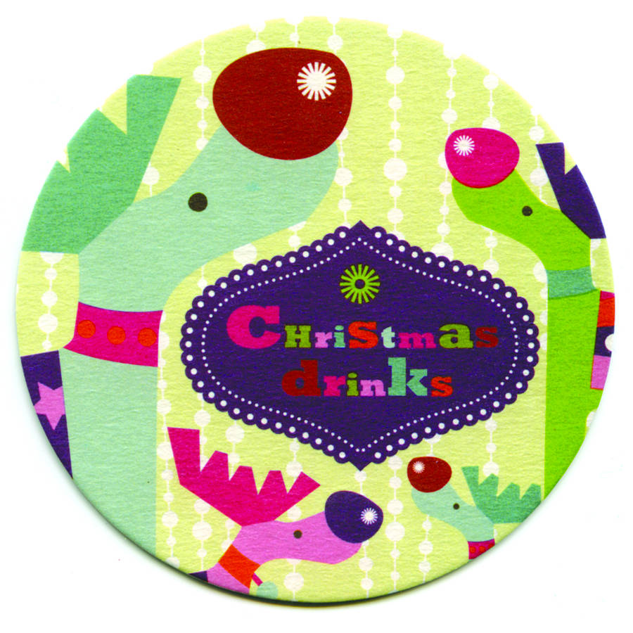 bright christmas drinks coaster invitations by aliroo