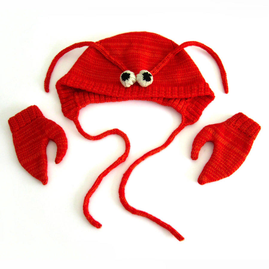 knitted lobster hat and mittens set by the miniature knit shop