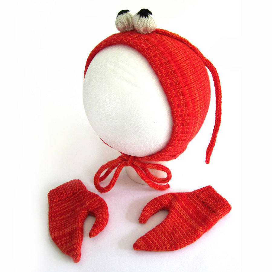 knitted lobster hat and mittens set by the miniature knit shop