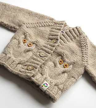 Oatmeal Baby Hand Knit Cardigan with Owl Cable