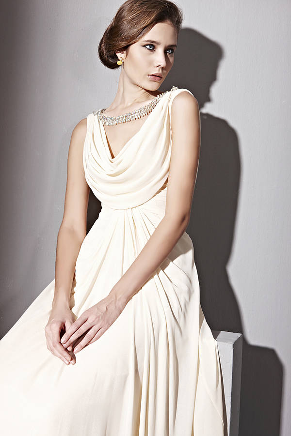 jeweled cowl neck wedding dress by elliot claire london