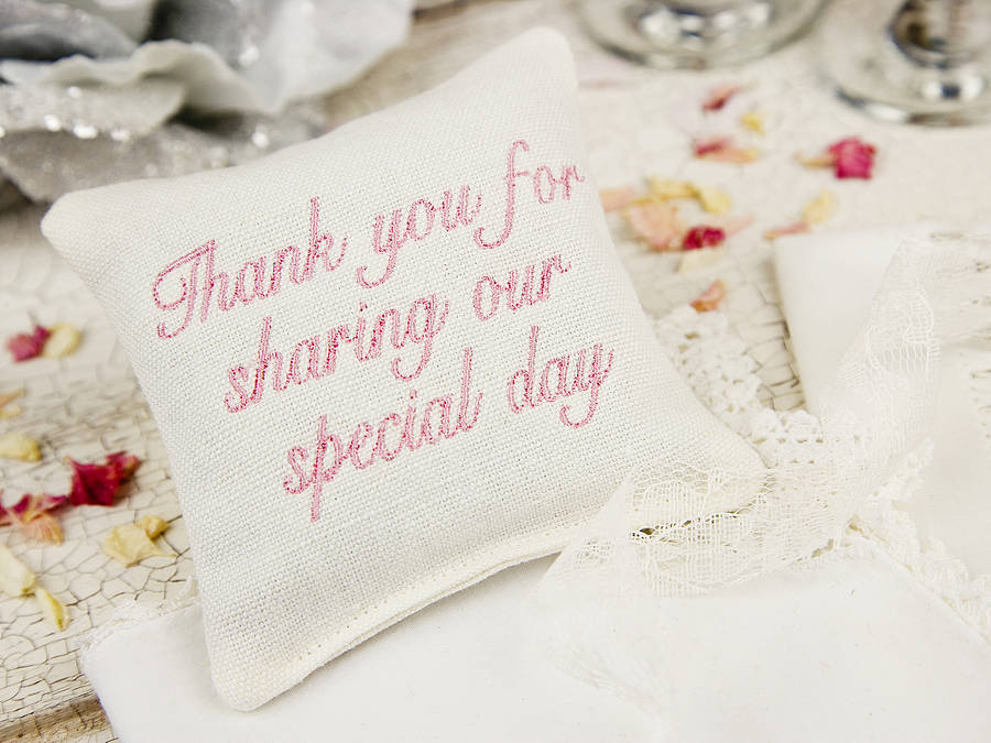 embroidered wedding favour lavender pillow by elm tree studio